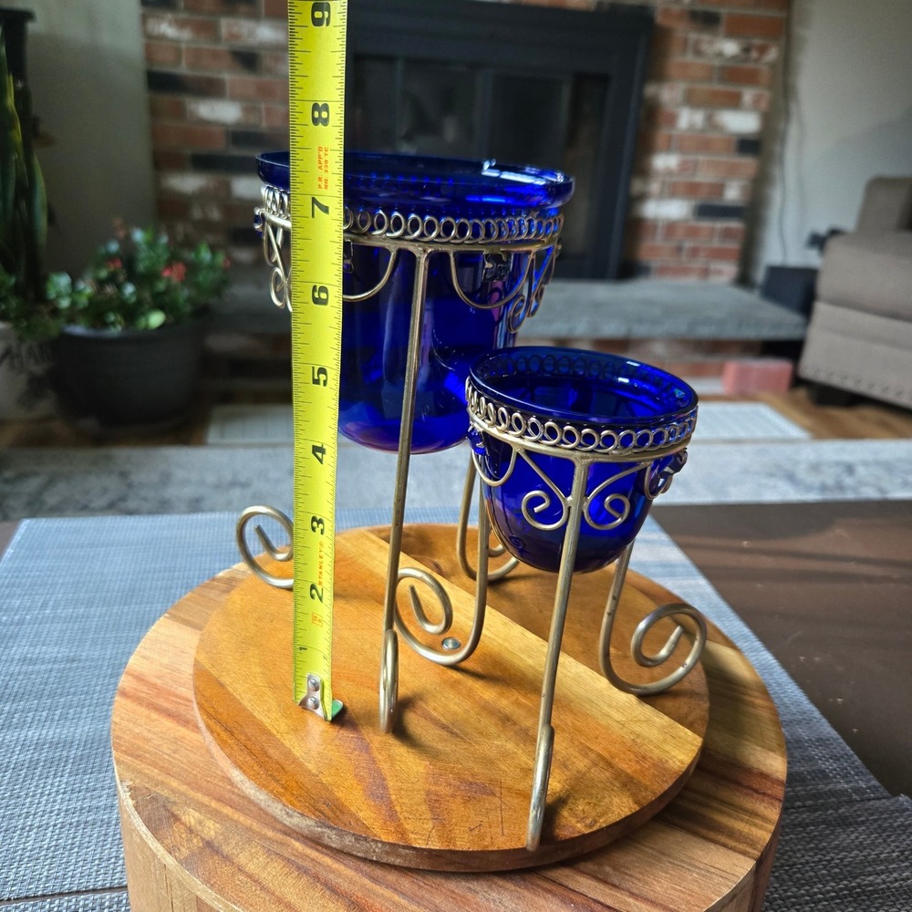 Cobalt Blue Glass Candle Holders Set of 2 Metal Stand Decorative Home Decor - Picture 7 of 12